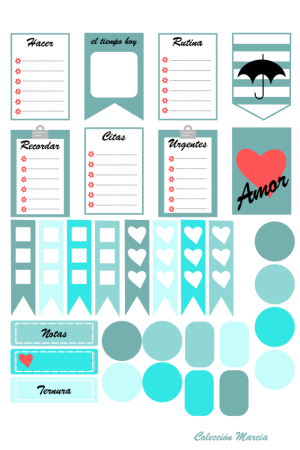 Stickers para agenda, listos para imprimir y cortar. Archivo descargable en formato PNG tamaño A4. Colores celeste y gris plomo.