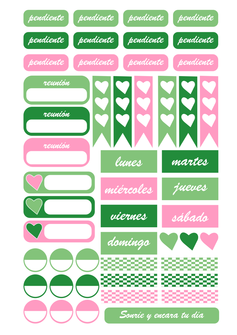 Stickers para agenda - impresión y corte - Verde y Rosa